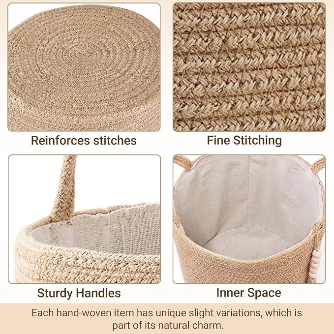 Mkono Tall Wicker Laundry Basket Woven Storage Basket Decorative Natural Rope Basket Wooden Bead Decoration for Blankets,Toys,Clothes,Shoes,Plant Organizer Bin with Handles Living Room 15"Wx17.7"L - Image 7