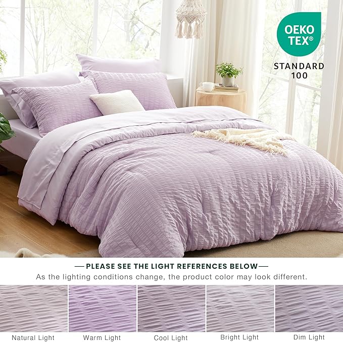 Love's cabin Seersucker Lavender Full Comforter Set, 7-Piece All Season Lightweight Bed in a Bag Bedding Set with Comforter, Flat Sheet, Fitted Sheet, Pillowcases and Shams | Soft, Breathable, Lightweight