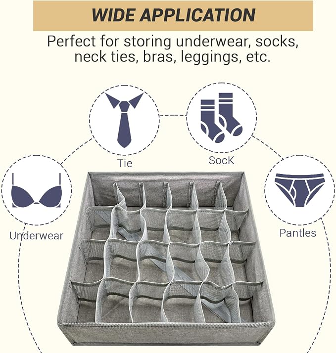 PINGMIC Gray Sock Organizer Divider 4 Pack - 24 Cell Foldable Closet Storage, Tie Organizer For Men Boxes for Socks, Ties, Belts - Image 6