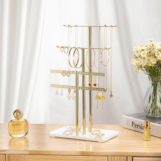 pickpiff Jewelry Stand Holder Organizer: 14.5" Sturdy Hanger for 80 Pcs Jewelry, Jewlery Tower for Display Necklace, Earring, Bracelet, Watch, Mirrored Gold - Image 7