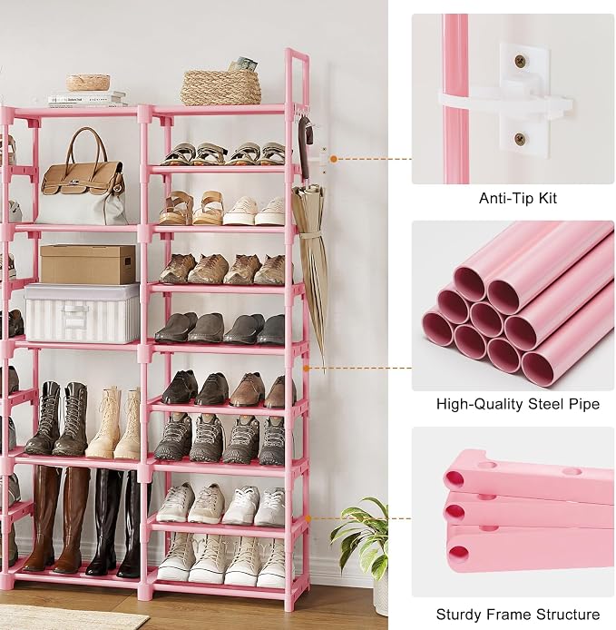 WOWLIVE 9 Tiers Shoe Rack Shoe Storage Shoe Organizer 50-55 Pairs Shoe Tower Unit Shelf Durable Metal Pipes with Plastic Connectors Stackable Cabinet Pink - Image 8