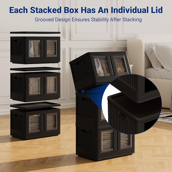 FLEXIMOUNTS 110 QT Stackable Storage Bins With Lids, Collapsible Plastic Storage Bins With Doors and Built-in Wheels For Home Dorm Closet Organizers and Storage, 3 Pack Cubes, Black - Image 7