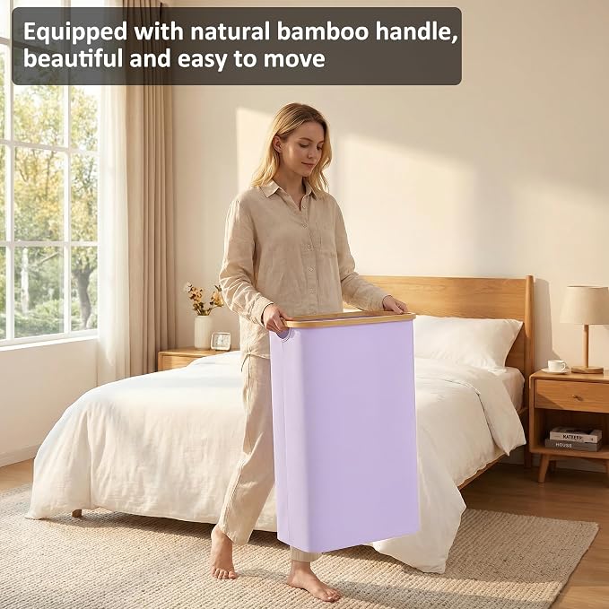 Slim Laundry Basket,60L Laundry Hamper with Lid, Tall Hamper for Laundry,Dirty Cloth Hamper with Bamboo Handle for Toys,Towels, Clothes Organizing,Purple - Image 6