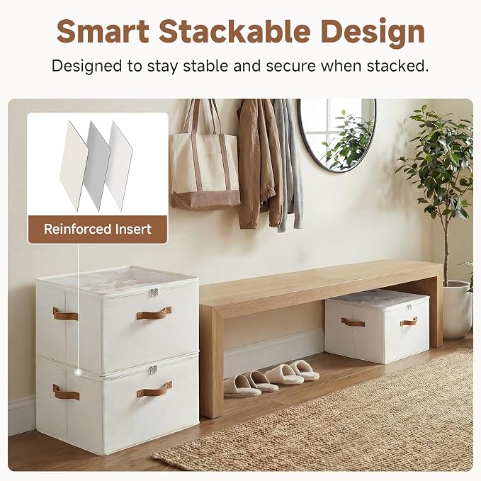 StorageWorks 2 Pack Shoe Organizer for Closet, Foldable Shoe Storage Box with Adjustable Dividers, Fabric Shoes Container, Stackable Storage Bins for Boots, Sneakers, Fits up to 16-32 Pairs, Beige - Image 7
