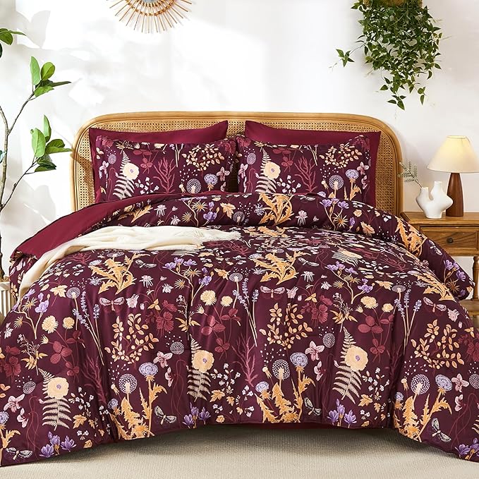 Yiran King Size Comforter Set 7 Piece, Burgundy Floral Bedding Set, Lightweight Bed in a Bag King with Botanical Flowers Spring, Soft Warm Dark Red Comforters with Sheets Complete for All Season