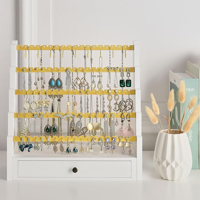 Pinzoveco Earring Organizer, 5 Layer Earring Holder Organizer with Metal Necklace Holder Pole, Rustic Wood Jewelry Organizer Stand Display for Stud Earring Bracelet Necklace Ring, 175 Earring Holes - Image 7