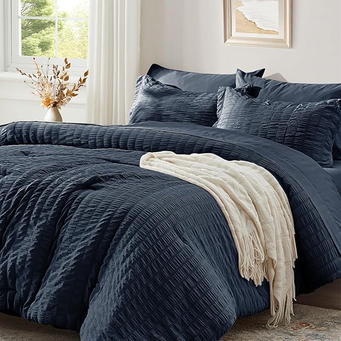 Zzlpp Twin Comforter Set 5 Pieces, Navy Blue Seersucker Bed in a Bag with Comforter and Pillowcase, All Season Bedding Sets with 1 Comforter, 1 Pillow Sham, 1 Flat Sheet, 1 Fitted Sheet