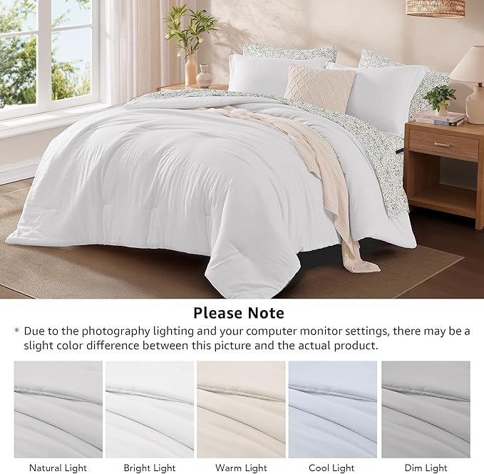 Monbix King Size Comforter Set - 7 Pieces White Prewashed Bed in a Bag King Bedding Sets with Comforters, All Seasons Ultra Soft Comforter Bed Set with Sheets, Pillowcases & Shams