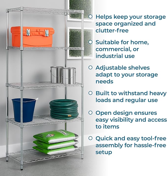 Honey-Can-Do 5-Tier Adjustable Shelving Unit, Chrome SHF-09685 Chrome, 1750lbs (350-lb Weight Capacity Per Shelf) - Image 6