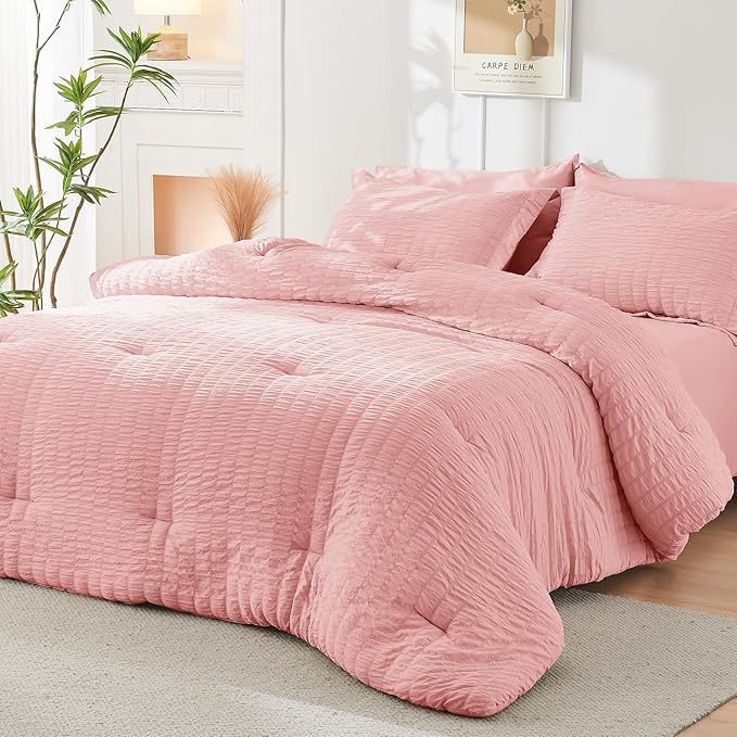 HYMOKEGE Rose Pink Twin XL Comforter Set Seersucker 5 Pieces, All Season Luxury Bed in a Bag for Bedroom, Bedding Set with Comforter, Sheets, Pillowcase & Sham