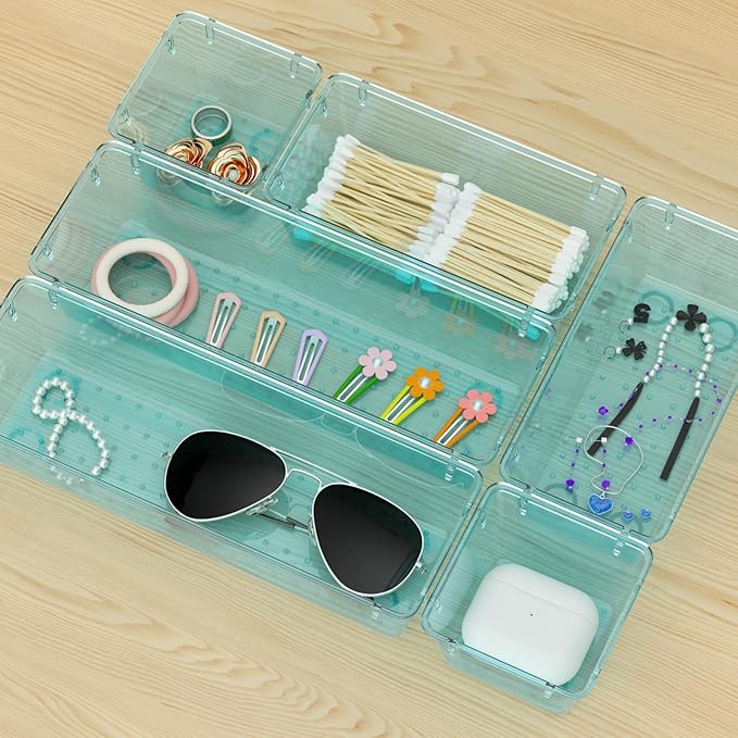 WOWBOX 12 Pack Clear Drawer Organizer Set, Acrylic Drawer Storage Trays, Storage Bins for Makeup, Cosmetics, Jewelries, Utensils, Gadgets, Office, Sea Blue - Image 7