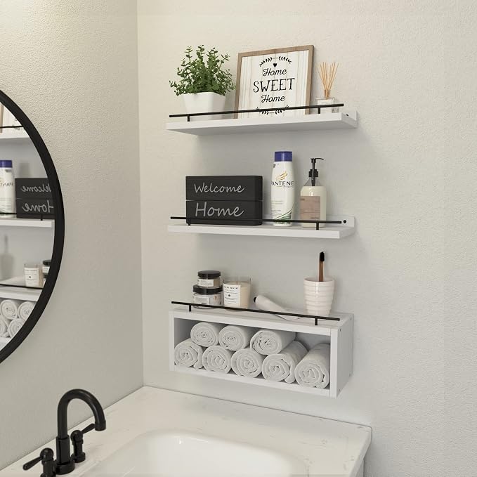 WOPITUES Floating Shelves for Wall with Cube Shelf, Wall Shelves with Metal Rail for Decor, Bathroom Organizers and Storage, Over Toilet Shelves for Bathroom, Toilet Paper-White - Image 6