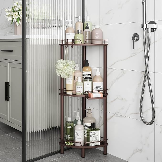 ELYKEN Corner Shower Caddy Standing, 3 Tier Rustproof Metal Shower Organizer with Soap Holder, Floor Shower Corner Shelf Rack Storage Stands with Adjustable Feet & 2 Hooks for Bathroom, Bronze - Image 8