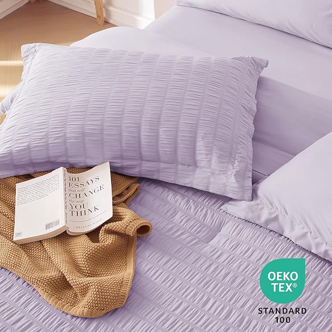 MUXHOMO 5 Pieces Twin XL Comforter Set, Seersucker Bed in a Bag Twin XL Size, All Season Luxury Bedding Set with Comforter, Flat Sheet, Fitted Sheet, Pillowcase & Sham, Lavender