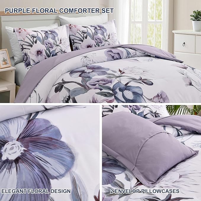 Drucon Floral Comforter Set Queen Size 3 Piece Purple Floral Bed in a Bag, Soft Microfiber Bedding Set for All Season (Purple, 90"x90")