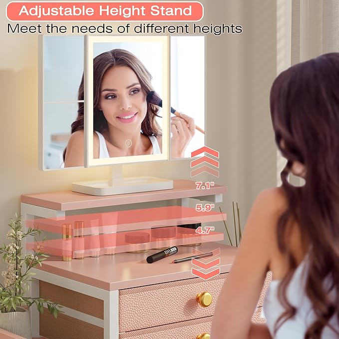 HIGDBFE Vanity Desk with Mirror and Lights, 28.4''W Small Makeup Vanity Table with Height-Adjustable Stand, 2 Fabric Drawers Compact Makeup Desk, Gift for Girls, Bedroom Small Space, Pink