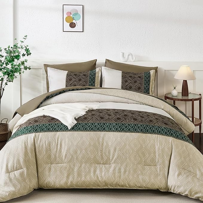 Dinjoy Queen Comforter Set Khaki Boho,7 Piece Bed in a Bag Queen Size Warm Striped Bedding Sets Comforters with Plaid Light Brown Bed Set with Sheets for Women Fall Winter