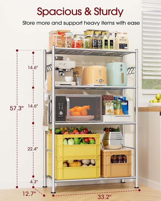 Sakugi Storage Shelves - 4-Tier Spacious Shelf Organizer with Hooks & Leveling Feet, Easy to Assemble, Rust-Resistant Garage Shelving for Kitchen, Pantry, Bedroom, 33.2" x 12.7" x 57.3", Sliver - Image 3