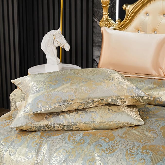 Gold Comforter Set with Taupe Sheet Set Jacquard Bedding Set 8 Pcs Vintage Neoclassical Floral Elegant Bed Home Decor Soft Comforter Luxury Hotel Silky Bed in a Bag Queen with 1 Cushion Cover