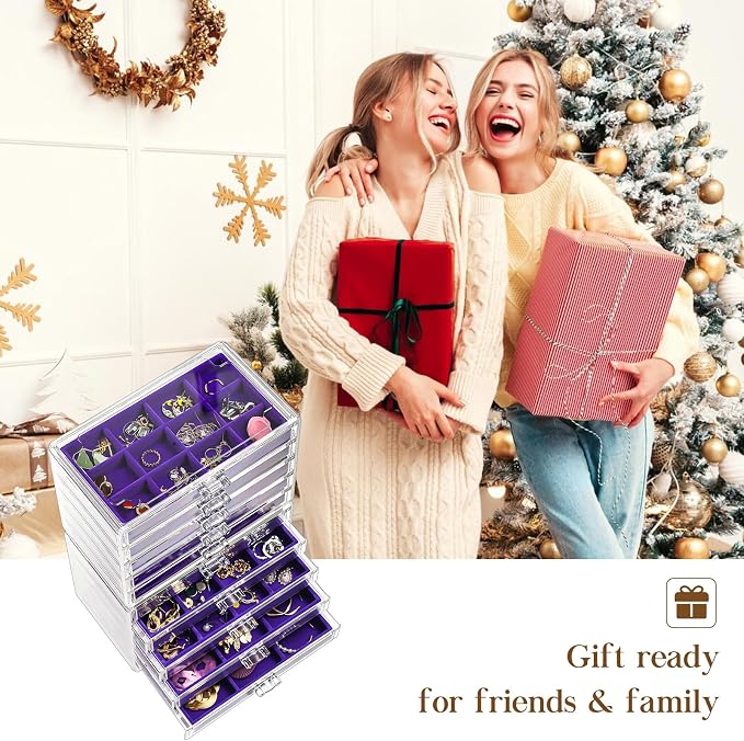 ProCase Earring Holder Organizer Jewelry Box with 10 Drawers, Acrylic Clear Earring Case with Adjustable Velvet Trays for Women - Purple,10 Layers - Image 7