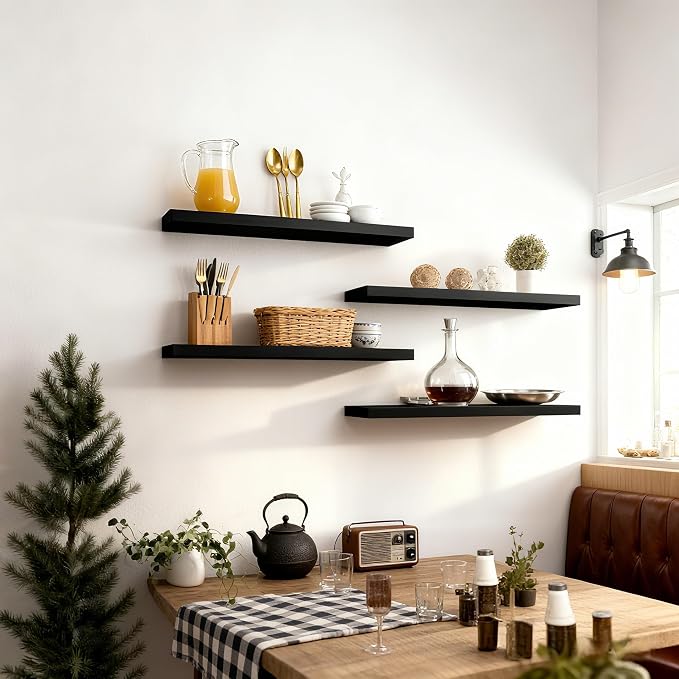 ROGMARS Black Floating Shelves for Wall 36 inch,Rustic Solid Wood Farmhouse Wooden Floating Wall Shelves with Invisible Brackets for Bedroom,Living Room, Kitchen, Bathroom,Set of 4 - Image 9