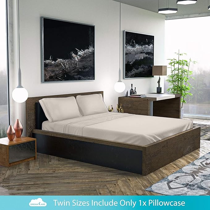 DREAMCARE Full Size Sheets - 6 pcs Breathable Cooling Bed Sheets - up to 15" Deep Pocket Full Size Bed Sheets wth Side Pockets - Extra Soft 100% Brushed Hypoallergenic Hotel Luxury Bedding - Beige