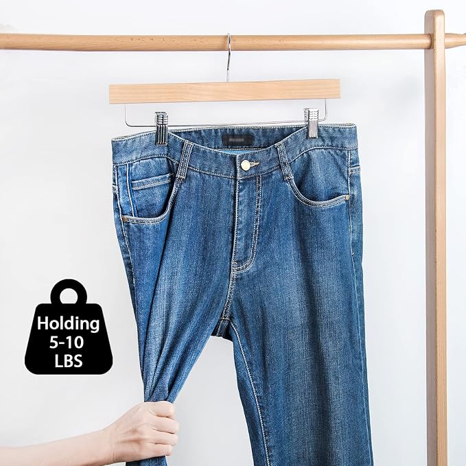 Nature Smile Solid Lotus Wood Deluxe Wooden Pants Hangers Bottom Hanger Jeans Hanger Skirt Hanger with 2-Adjustable Clips Anti-Rust Hook Pack of 10 (Natural) - Image 8