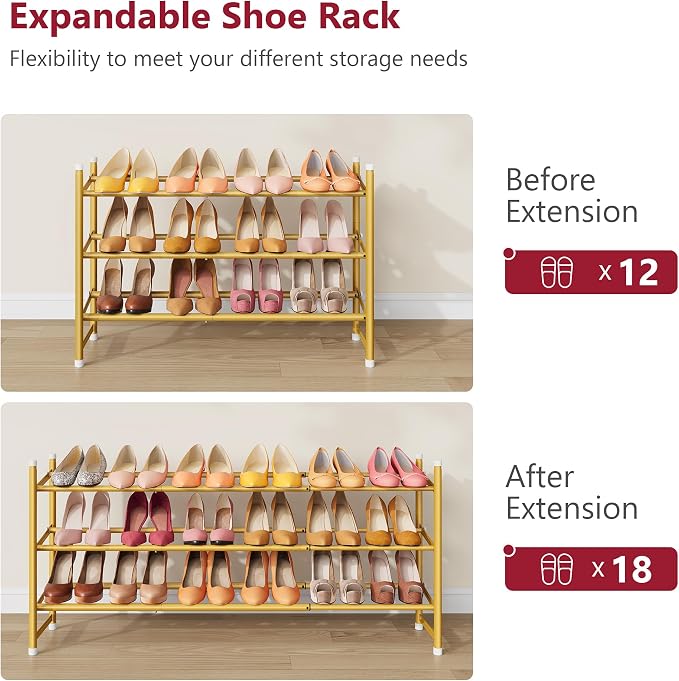Tajsoon Expandable Shoe Rack for Closet 3 Tier, 28“-41“Adjustable & Stackable Shoe Shelf Storage, Metal Shoe Rack Organizer for Front Door Entrance, Closet, Garage, Entryway, Gold - Image 7