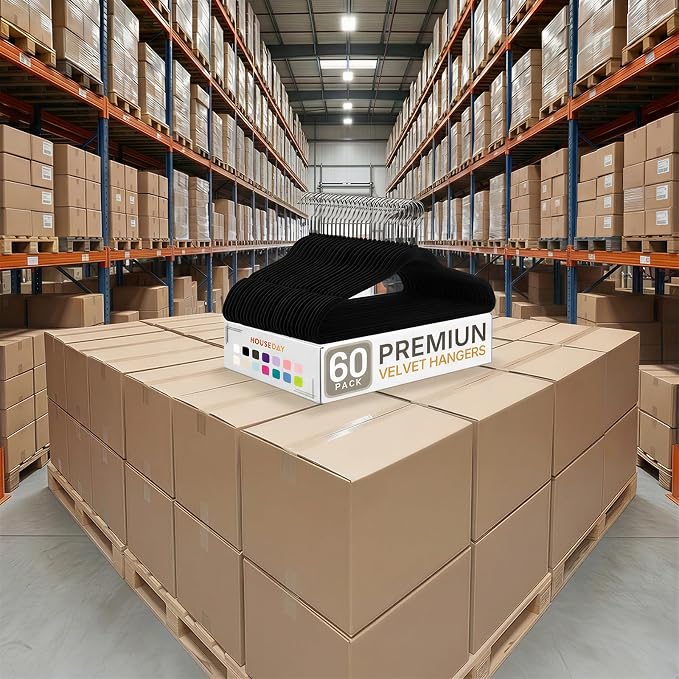 HOUSE DAY Black Velvet Hangers 5280 Pack (88 Cases, 60P/Case) Pallet Package for Small Business, Non Slip Clothes Felt Hanger Heavy Duty for Coat, Premium Slim Space Saving Suit Hangers - Image 8
