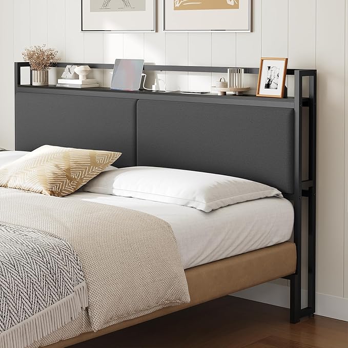 YATINEY King Size Headboard Only, Upholstered King Headboard with Charging Station, Head Board with Open Storage, Height Adjustable, Vintage Style, Sturdy and Stable, Black