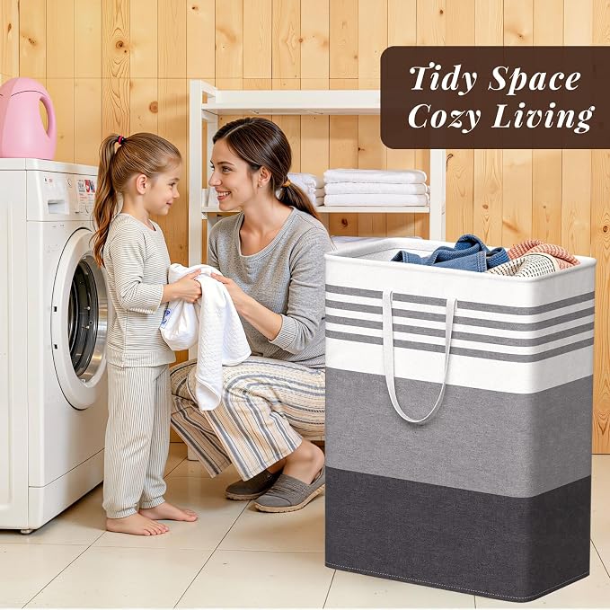 WOWBOX 2 Pack Laundry Baskets, Laundry Hampers, Freestanding Dirty Clothes Hampers with Reinforced Handles & Cross Stitch & Waterproof Coating, for Laundry Bedroom Bathroom Dorm,125L Grey - Image 7
