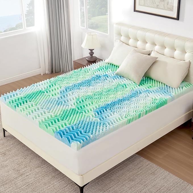 2 Inch 7-Zone Queen Memory Foam Mattress Topper Egg Crate Cooling Gel Infused Mattress Pad Bed Topper for Pressure Relief and Back Pain Soft & Breathable, CertiPUR-US Certified