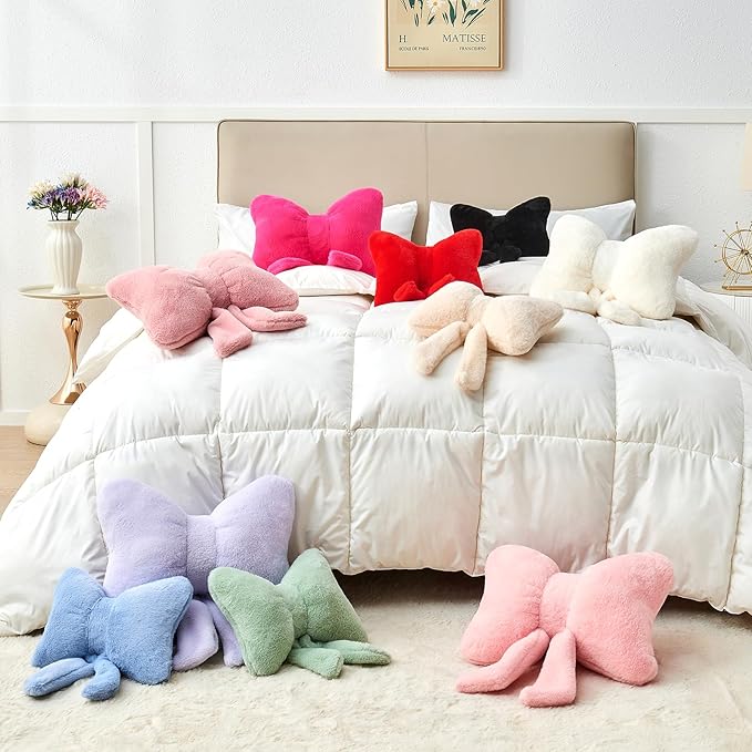 Sage Green Bow Pillow,16'' Bow Decorative Pillows with Faux Rabbit Fur,Soft Bow Throw Pillows Aesthetic Bow Shaped Pillow for Bed Sofa Couch Home Decor