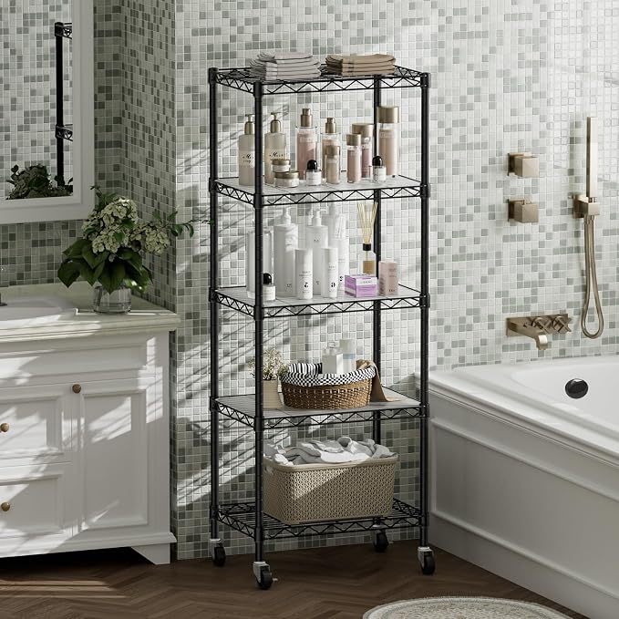 SINGAYE 5 Small Shelf Storage Wire Shelves Closet Bathroom Organizers Metal Pantry Kitchen Garage Shelving Unit Laundry Room Organization Home Narrow Rack Net Basket with Wheels Black - Image 9