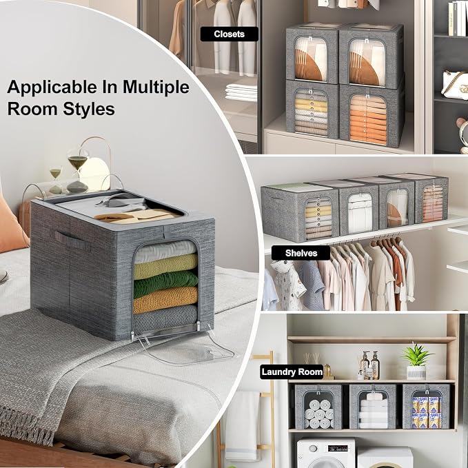 GoMaihe Clothes Storage Bin with Metal Frame: 4-Pack Stackable Closet Storage Bin with Lid & Clear Window, Sweater Boxes Storage for Closet Clothing Bedding Storage Organizer 40L - Image 9