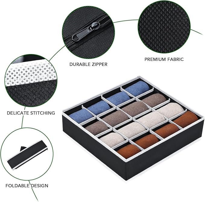 Joyoldelf Sock Drawer Organizer Divider Underwear Organizer 16-cell Fabric Dresser Drawer Organizers Storage Boxes for Socks Lingerie, Handkerchiefs, Ties 4 Pack (Black) - Image 7