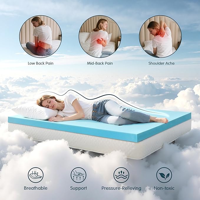 SyMax Memory Foam Mattress Topper, Gel Infused Foam Topper, Breathable Bed Topper, Pressure Relieving, CertiPUR-US Certified, 4 Inch, Full Size
