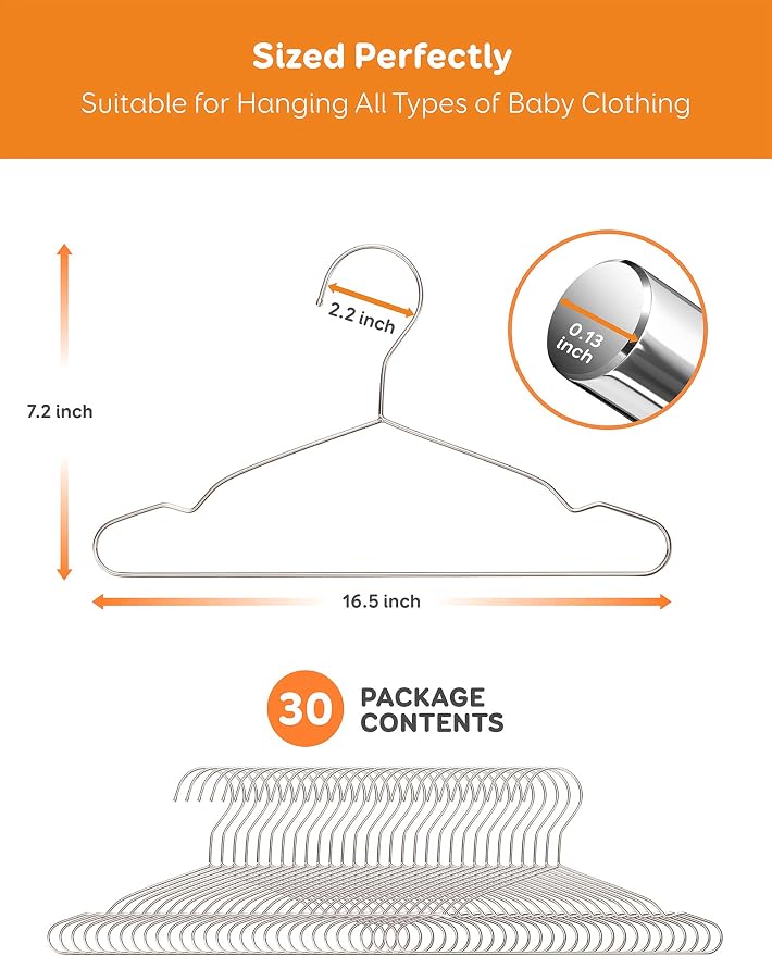Baby Hangers, 50 Pack Stainless Steel 12.6 Inch Heavy Duty Non-Slip Space Saving Coat Hangers for Kids Children Toddler Clothes - Image 7