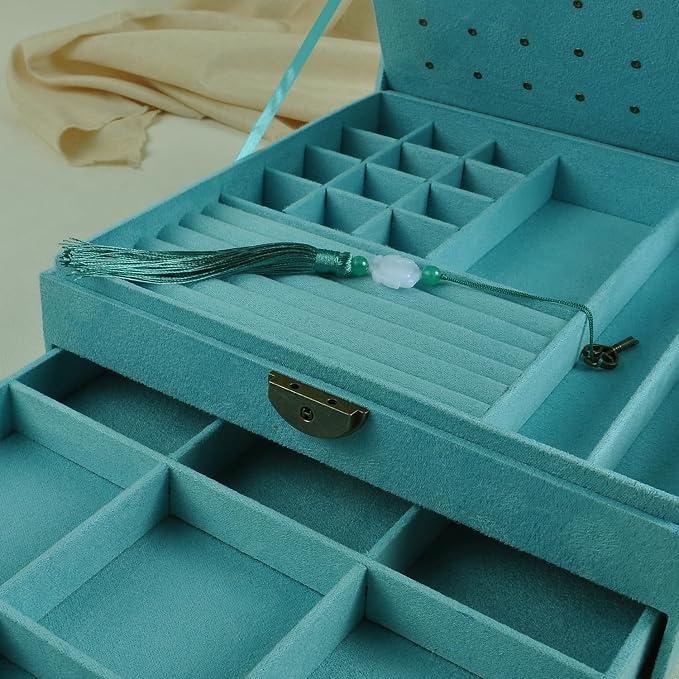 Women Jewelry Box Lockable 3 Layers Large Jewelry Organizer Storage Case for Earrings Necklaces Rings Bracelets,Green Display Jewel Holder (Light Green) - Image 6