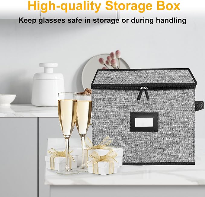 Champagne Flute Storage Box,Quilted Stemware Storage Box Hard Shell,Stackable Champagne Glass Container,Wine Glass, Crystal Glassware, Drinkware Case for Moving Transport(Grey) - Image 9