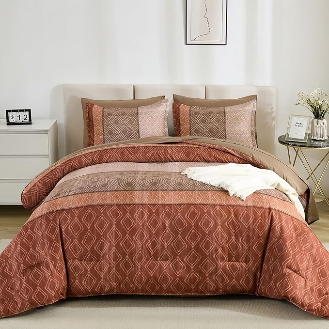 Dinjoy Red Brown King Size Comforter Set,Striped Boho Bed in a Bag King 7 Pieces Soft Fall Bedding Comforters Sets Microfiber Complete Bed Sets for All Season
