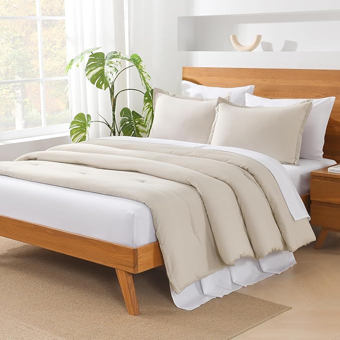 Andency Beige Queen Comforter Set - 7 Pieces Cream Bed in a Bag Queen Bedding Comforter Sets, Summer Solid Soft Lightweight Comforter with Fitted Sheets, Flat Sheets, Pillowcases & Shams