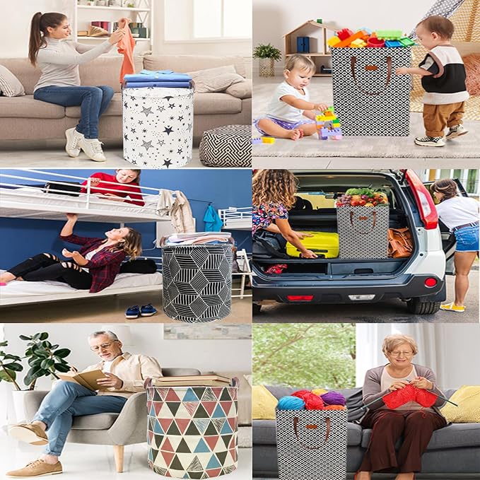 Waterproof Laundry Hamper Collapsible Laundry Basket Leather Handle Laundry Bag Large Clothes Storage Toy Organization for Bathroom Bedroom Laundryroom College Dorms (Caisanjiao-001) - Image 7