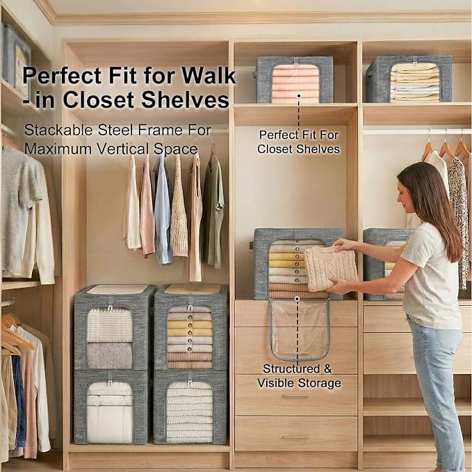 GoMaihe Clothes Storage Bins Metal Frame: 55L Extra Large Stackable Closet Storage Bin with Lid & Clear Window, Heavy Duty Blanket Box for Winter Coats Comforters (Fits Deep Closet 4-Pack) - Image 7
