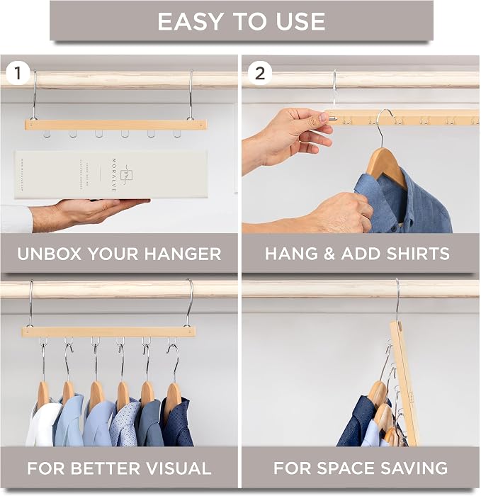 MORALVE Space Saving Hangers for Closet – 4 Pack European Beechwood 6-Tier Shirt Organizer with 360° Swivel Hook – Collapsible Clothes Hanger for Closet Organization (Hangers Not Included) - Image 7