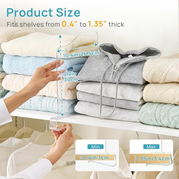 Vtopmart 4 Pack 12in Height Shelf Dividers for Closet Organization, Clear Plastic Closet Shelf Dividers of Upgrade 12in for Maximizing Vertical Space Storage, Organizing Sweater, Jeans, Shirts, Bags - Image 8