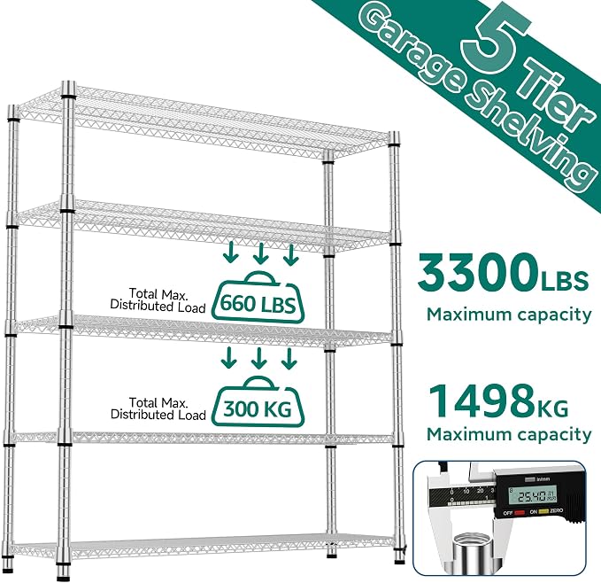 M MZG 5 Tiers Shelf 3300 lbs Steel Storage Shelving Utility Shelving Unit Steel Organizer Wire Rack for Home,Kitchen,Office,Garage Chrome 17.7" D x 47.2" W x 70.3" H - Image 9