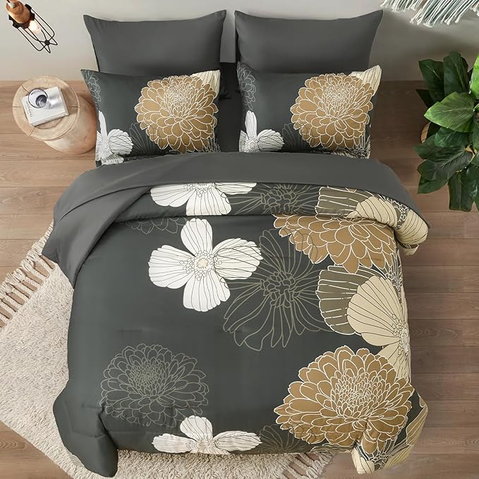 Yiran King Khaki Grey Brown Boho Comforter Set - 7 Pieces Floral Bedding Sets,Bed in a Bag Soft Microfiber Comforter with Flat Sheet Fitted Sheet Pillowshams Pillowcases