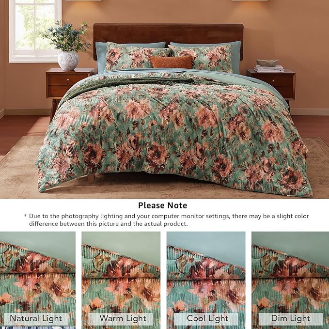 CASAAGUSTO King Comforter Set, 7 PCS Sage & Red Floral Comforter Set with Flowers Leaves Pattern, Soft Velvet Design for Winter King Size Bedding Set(102"X90")