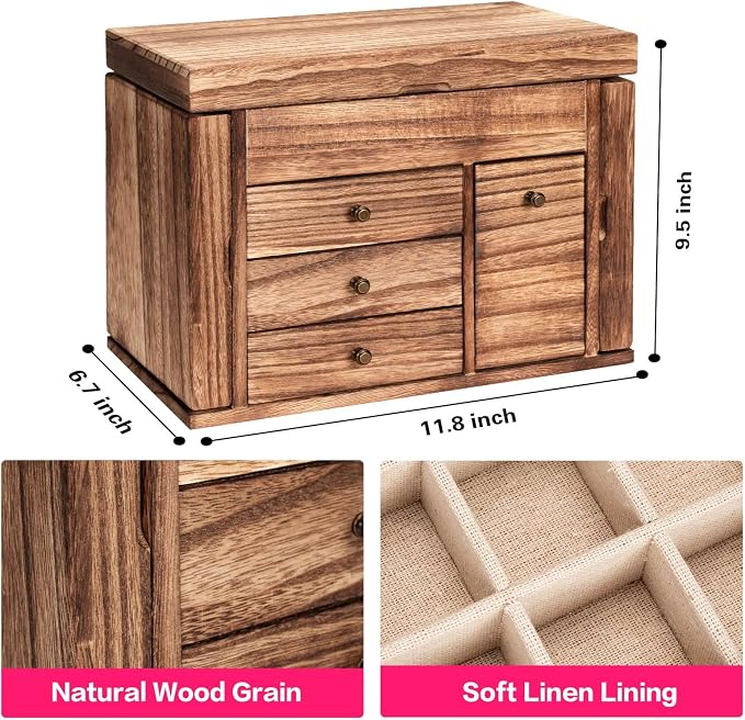 Poyilooo Jewelry Box Organizer, Solid Wood Jewelry Boxes for Women for Storage & Display Necklace Ring Earring Bracelet, Rustic Style Jewelry Organizer Box for Women Gifts (Carbonized Brown) - Image 7
